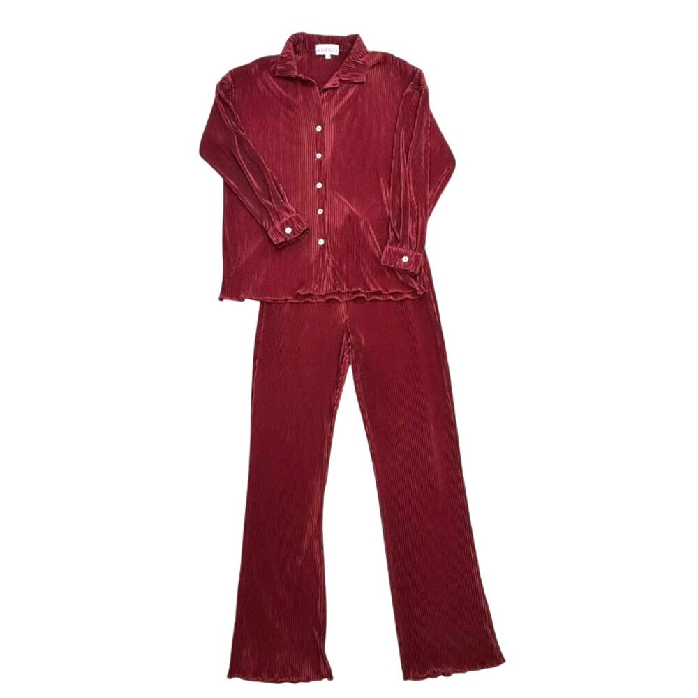 Waverles Pleated 2 Piece Set Burgundy Button Shirt Pants S Resort Lounge - Picture 2 of 16